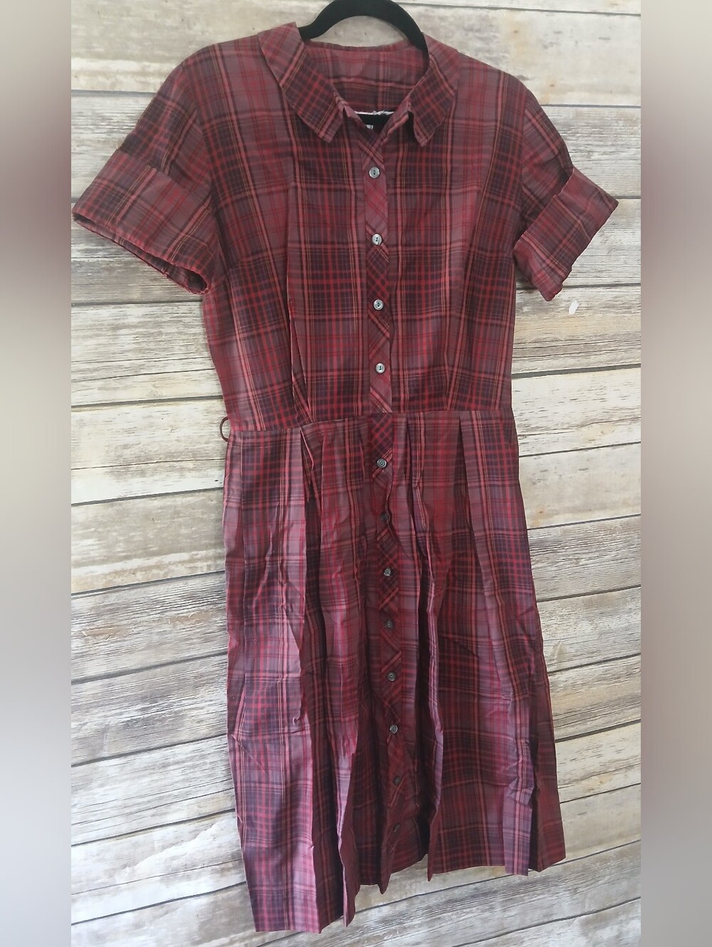 Vintage Maroon/Red Plaid Button-Front Midi Dress, House Dress